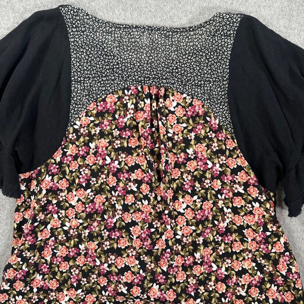 Umgee Women's Small Ruffle Sleeve Oversized Mixed Print Blouse Black Floral - Picture 9 of 9